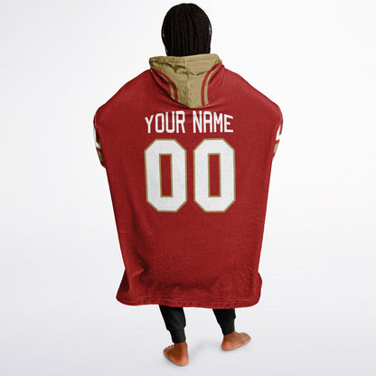 Red and metallic gold classic snug hoodie featuring jersey-style stripes and personalized name and number.