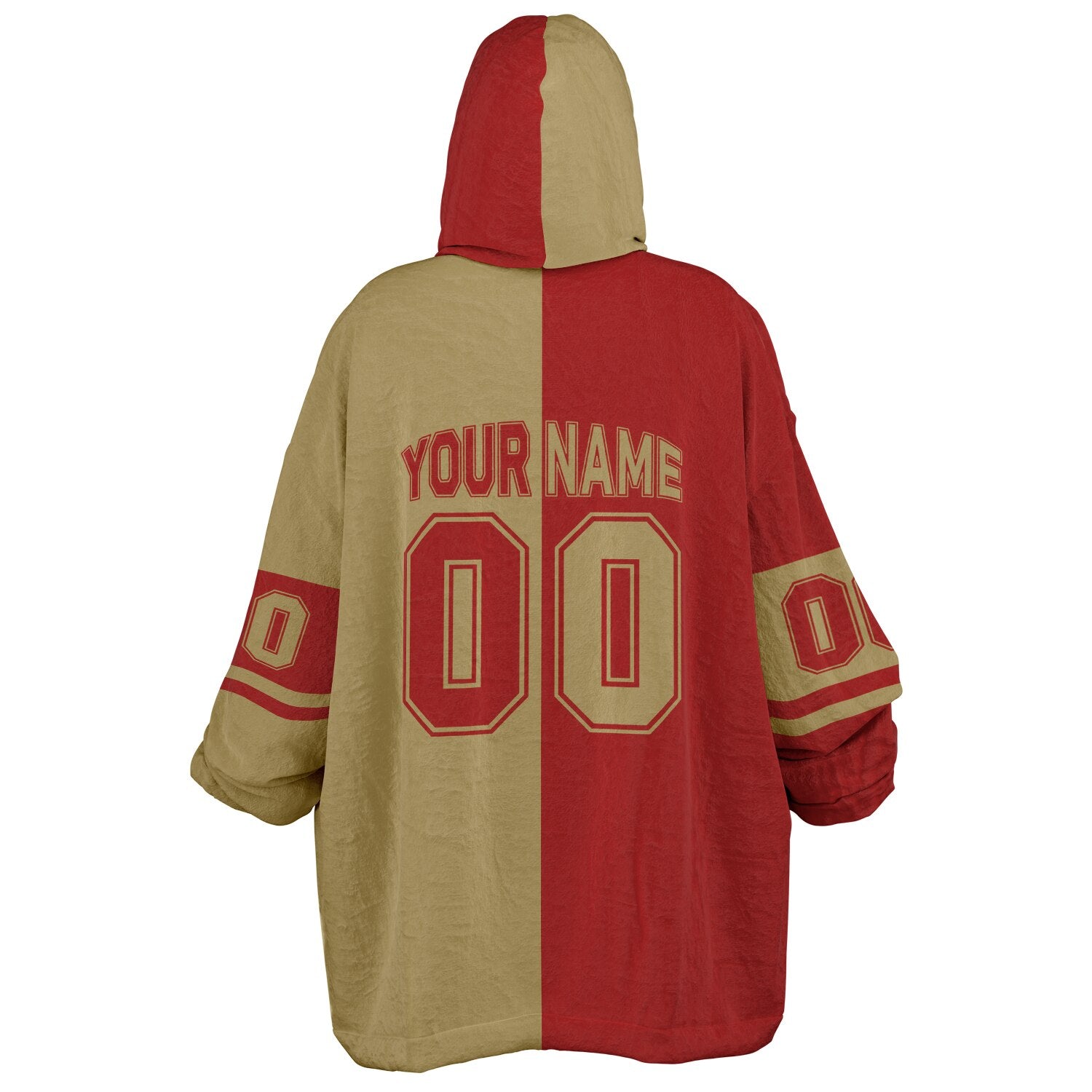 Red and metallic gold halftime snug hoodie featuring a symmetrical split design for a dynamic game-day look.