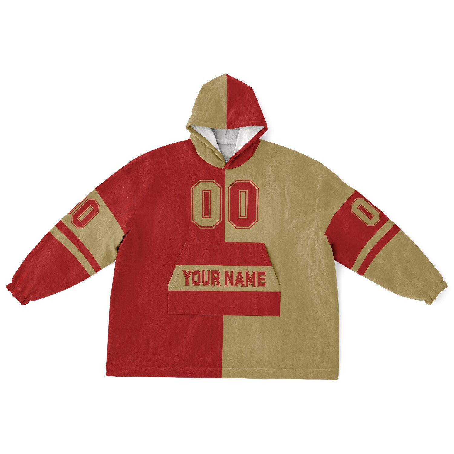 Red and metallic gold halftime snug hoodie featuring a symmetrical split design for a dynamic game-day look.