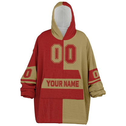 Red and metallic gold halftime snug hoodie featuring a symmetrical split design for a dynamic game-day look.