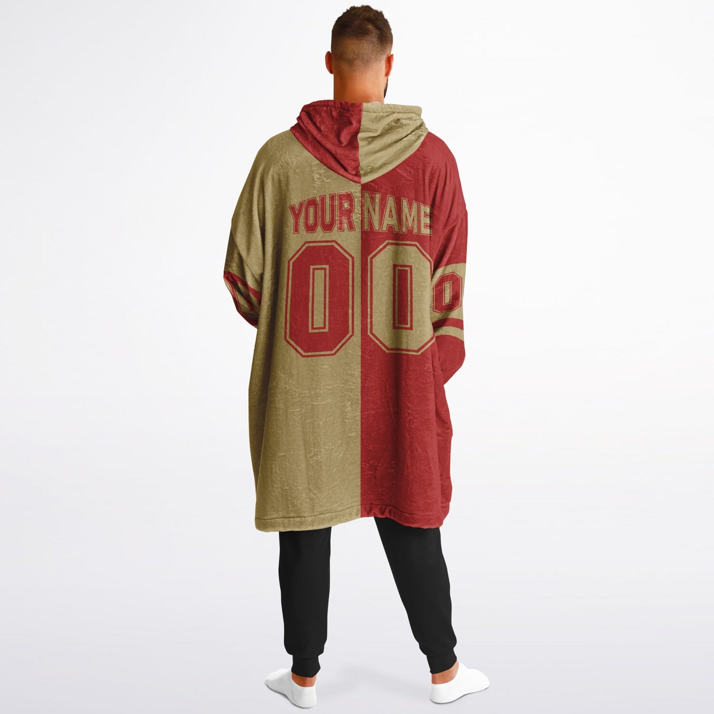 Red and metallic gold halftime snug hoodie featuring a symmetrical split design for a dynamic game-day look.