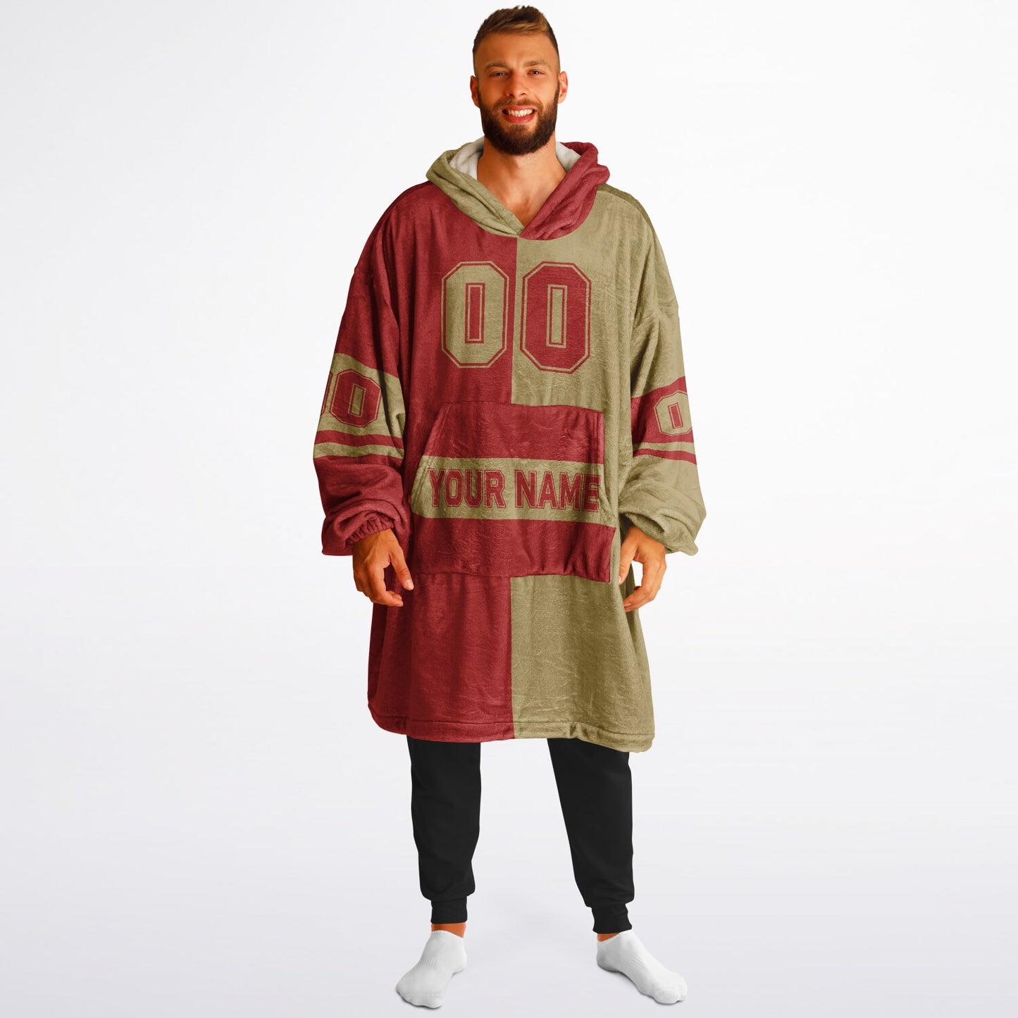 Red and metallic gold halftime snug hoodie featuring a symmetrical split design for a dynamic game-day look.