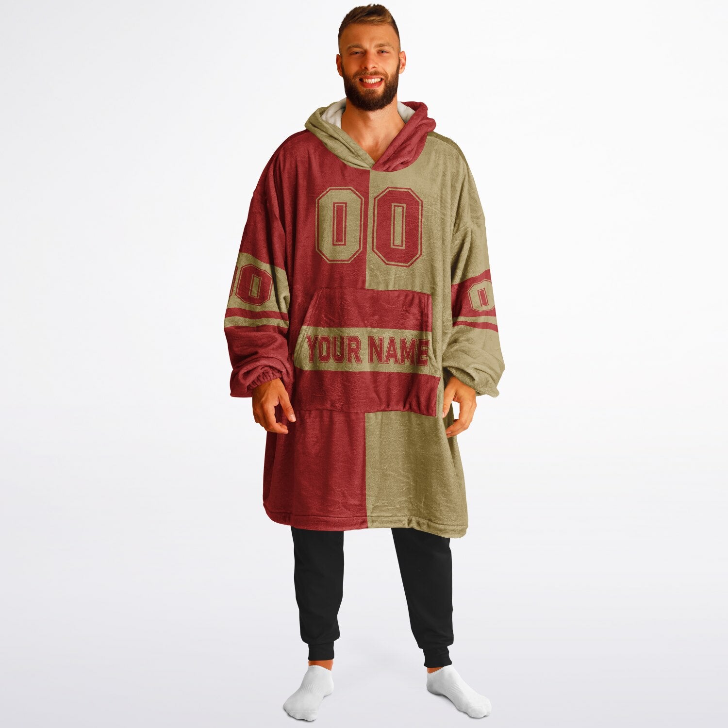 Red and metallic gold halftime snug hoodie featuring a symmetrical split design for a dynamic game-day look.