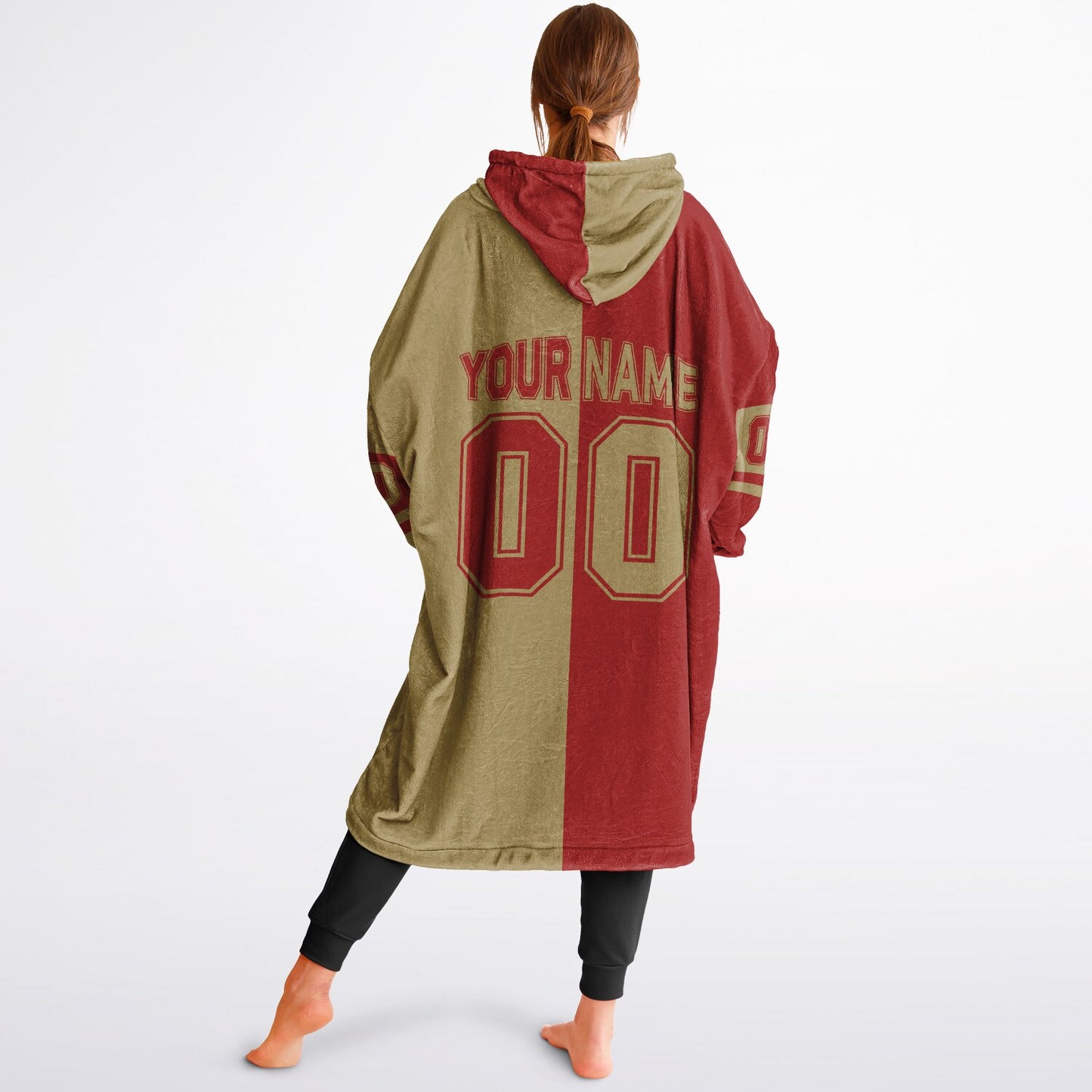 Red and metallic gold halftime snug hoodie featuring a symmetrical split design for a dynamic game-day look.