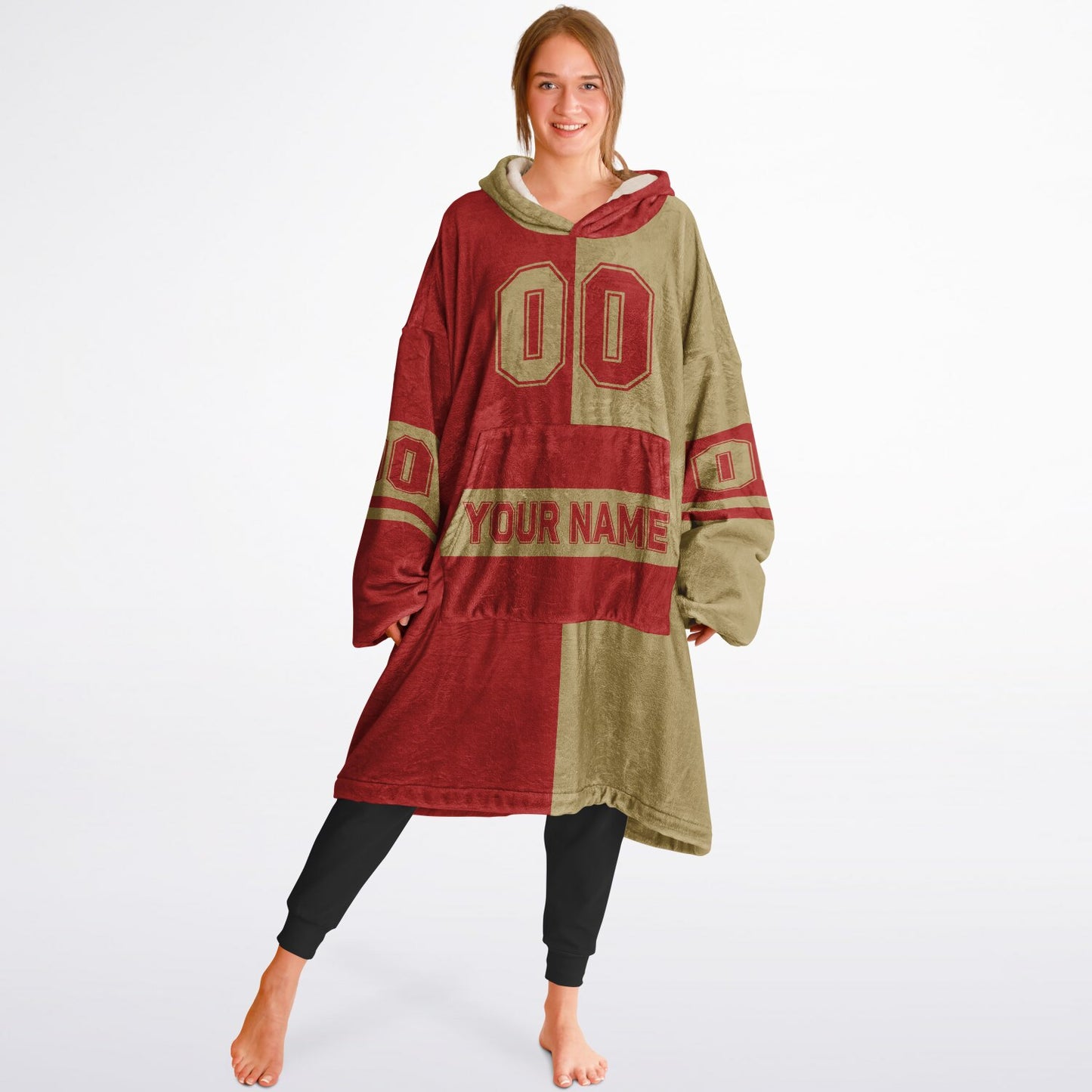 Red and metallic gold halftime snug hoodie featuring a symmetrical split design for a dynamic game-day look.