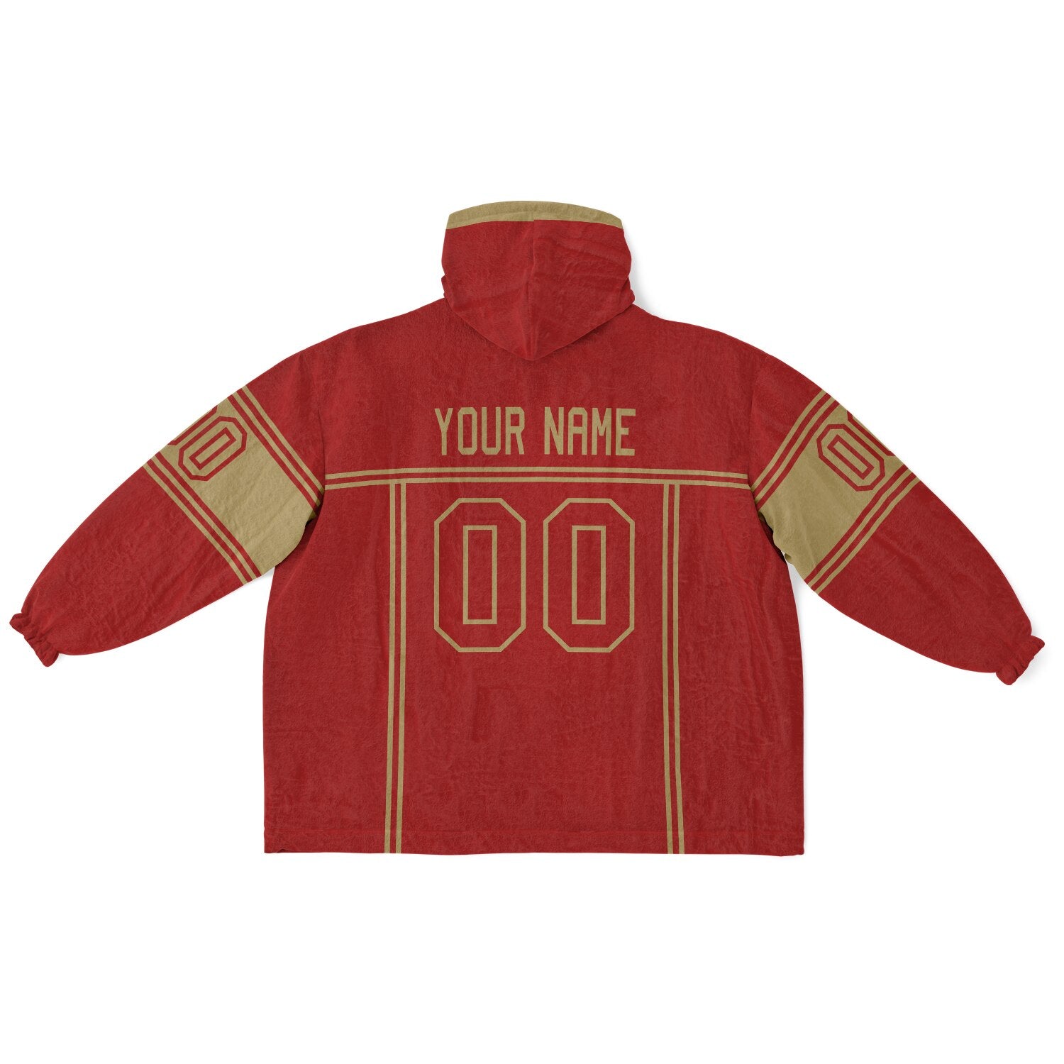 Red and metallic gold lineup snug hoodie featuring sleek line-art details and minimalist team-inspired design.