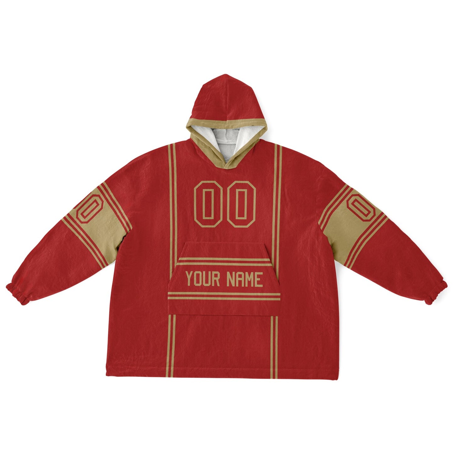 Red and metallic gold lineup snug hoodie featuring sleek line-art details and minimalist team-inspired design.