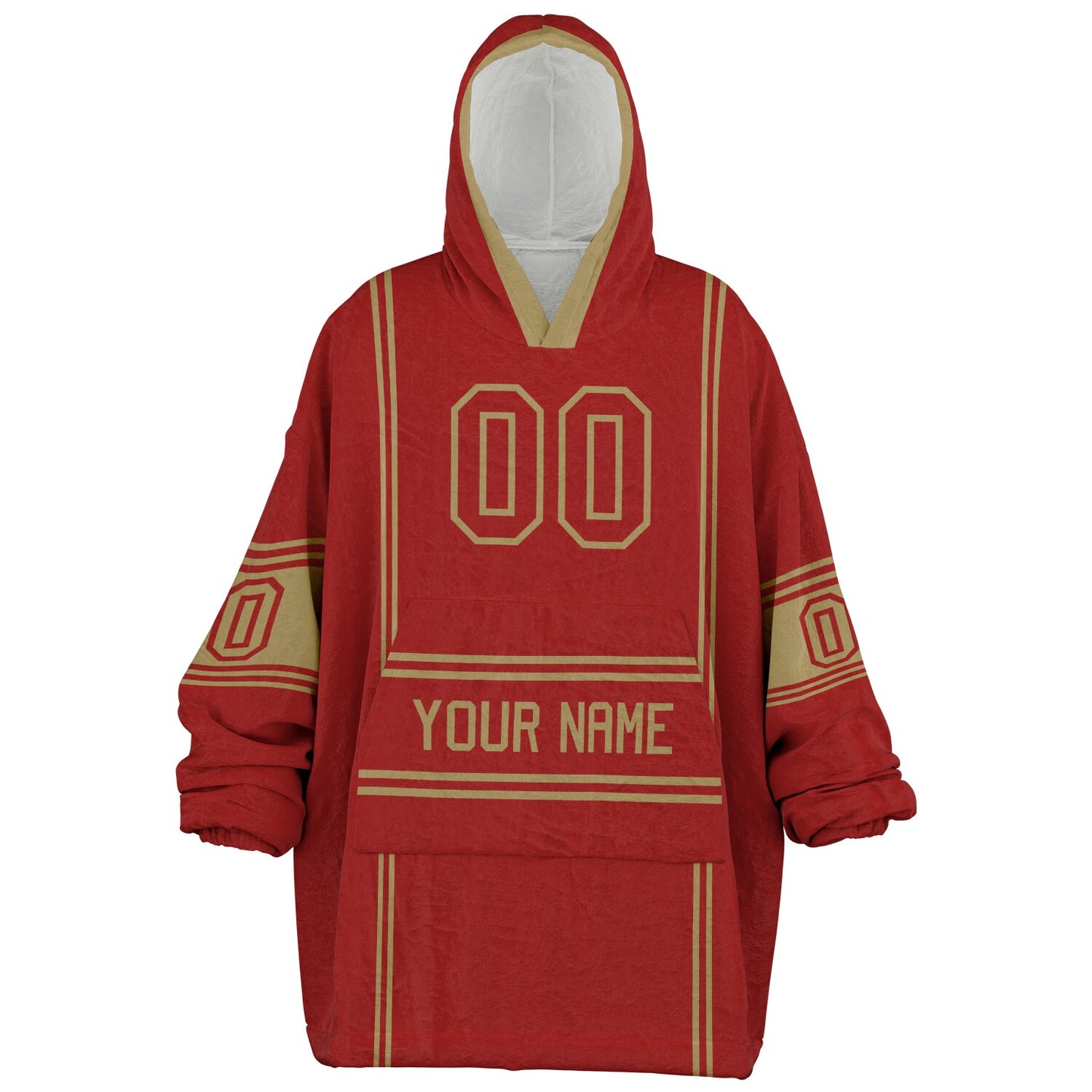 Red and metallic gold lineup snug hoodie featuring sleek line-art details and minimalist team-inspired design.