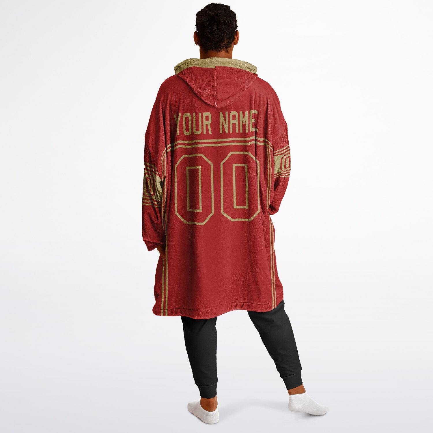 Red and metallic gold lineup snug hoodie featuring sleek line-art details and minimalist team-inspired design.