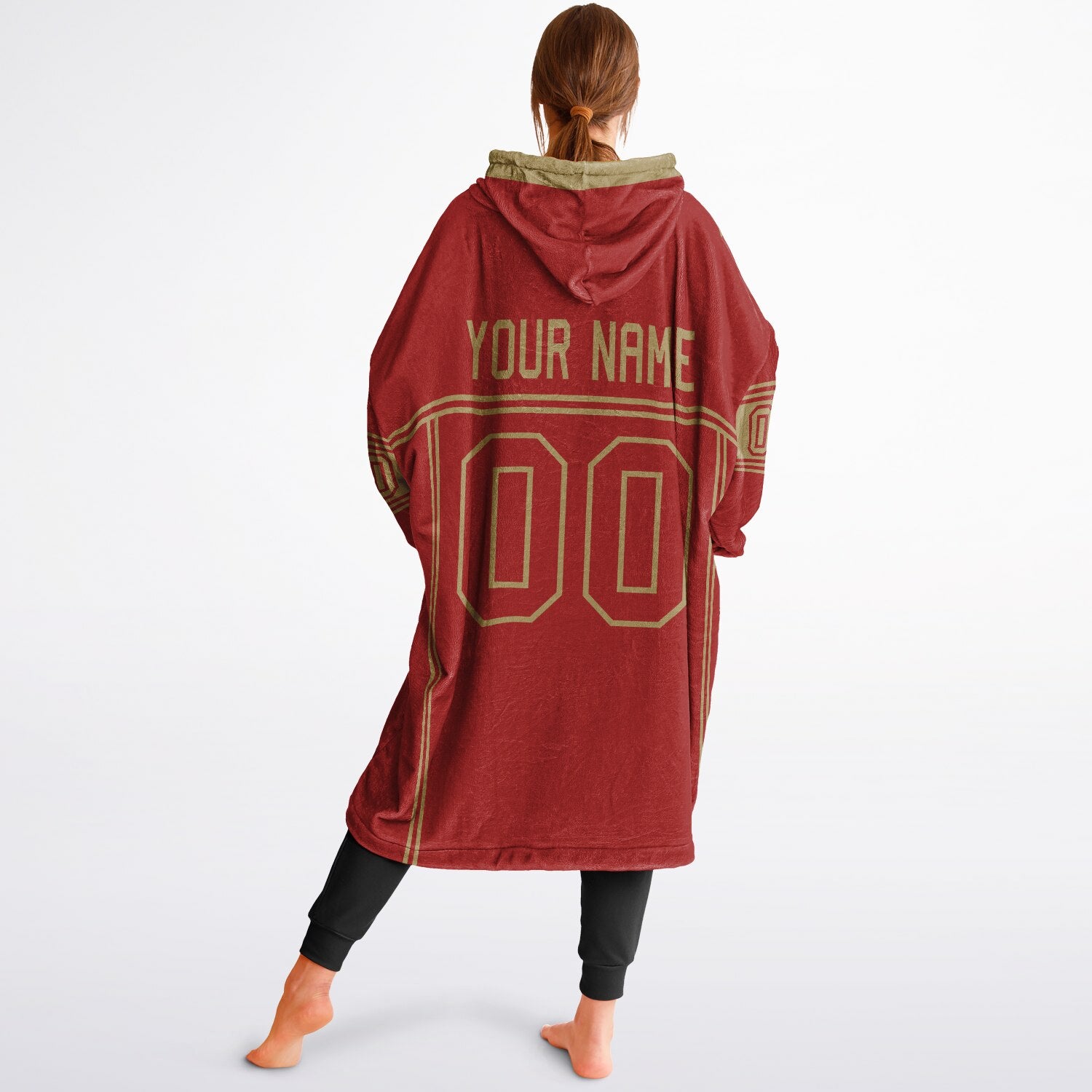 Red and metallic gold lineup snug hoodie featuring sleek line-art details and minimalist team-inspired design.