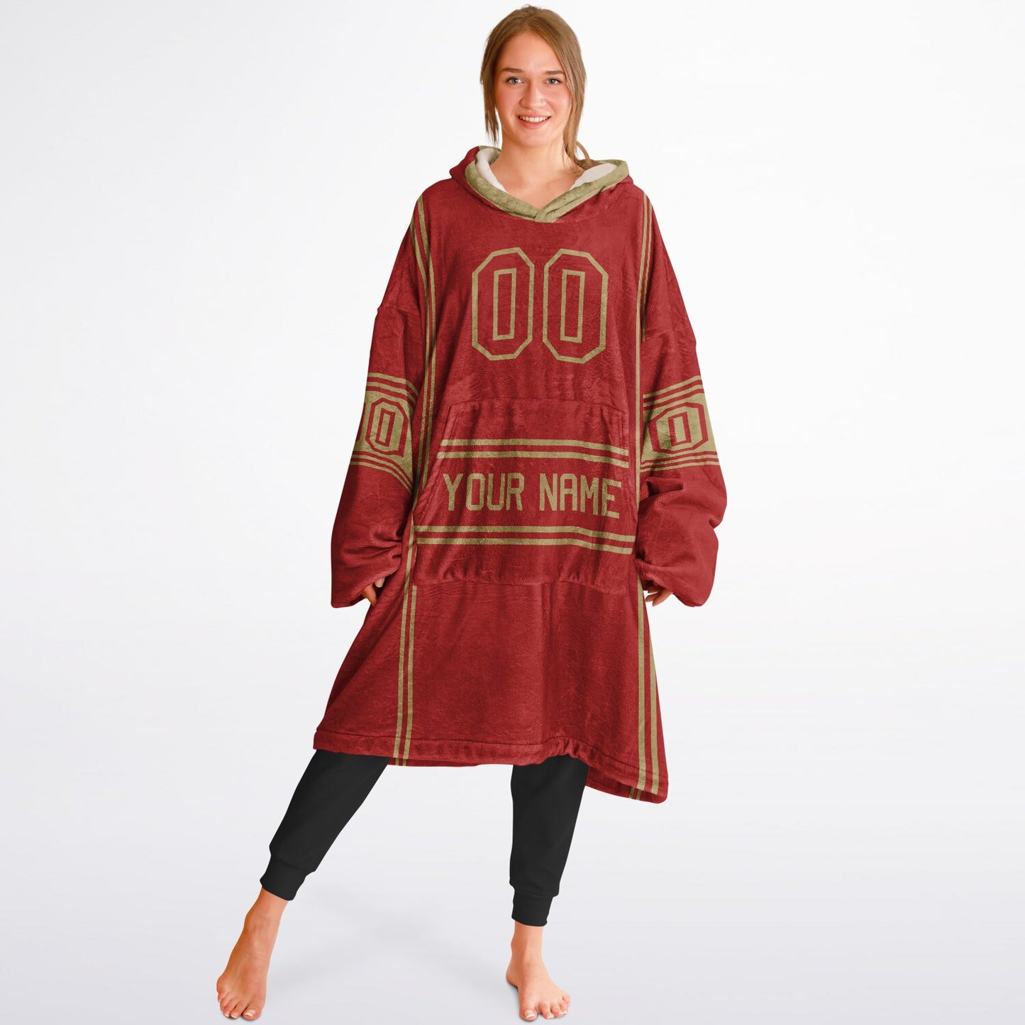 Red and metallic gold lineup snug hoodie featuring sleek line-art details and minimalist team-inspired design.