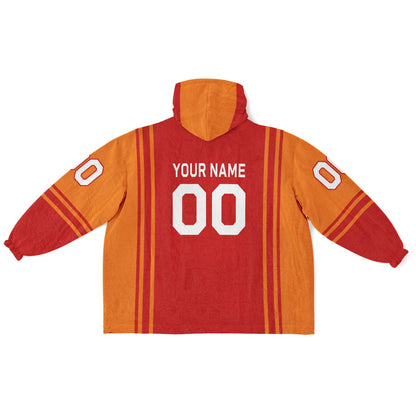 Red and orange bold snug hoodie with modern color-block design and soft loungewear fit.