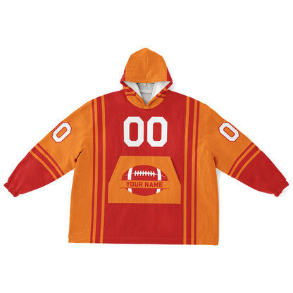 Red and orange bold snug hoodie with modern color-block design and soft loungewear fit.