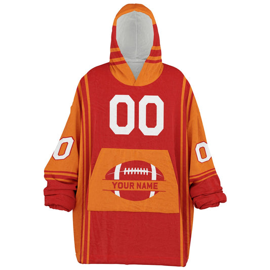 Red and orange bold snug hoodie with modern color-block design and soft loungewear fit.