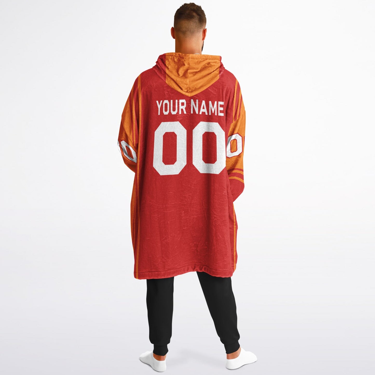 Red and orange bold snug hoodie with modern color-block design and soft loungewear fit.