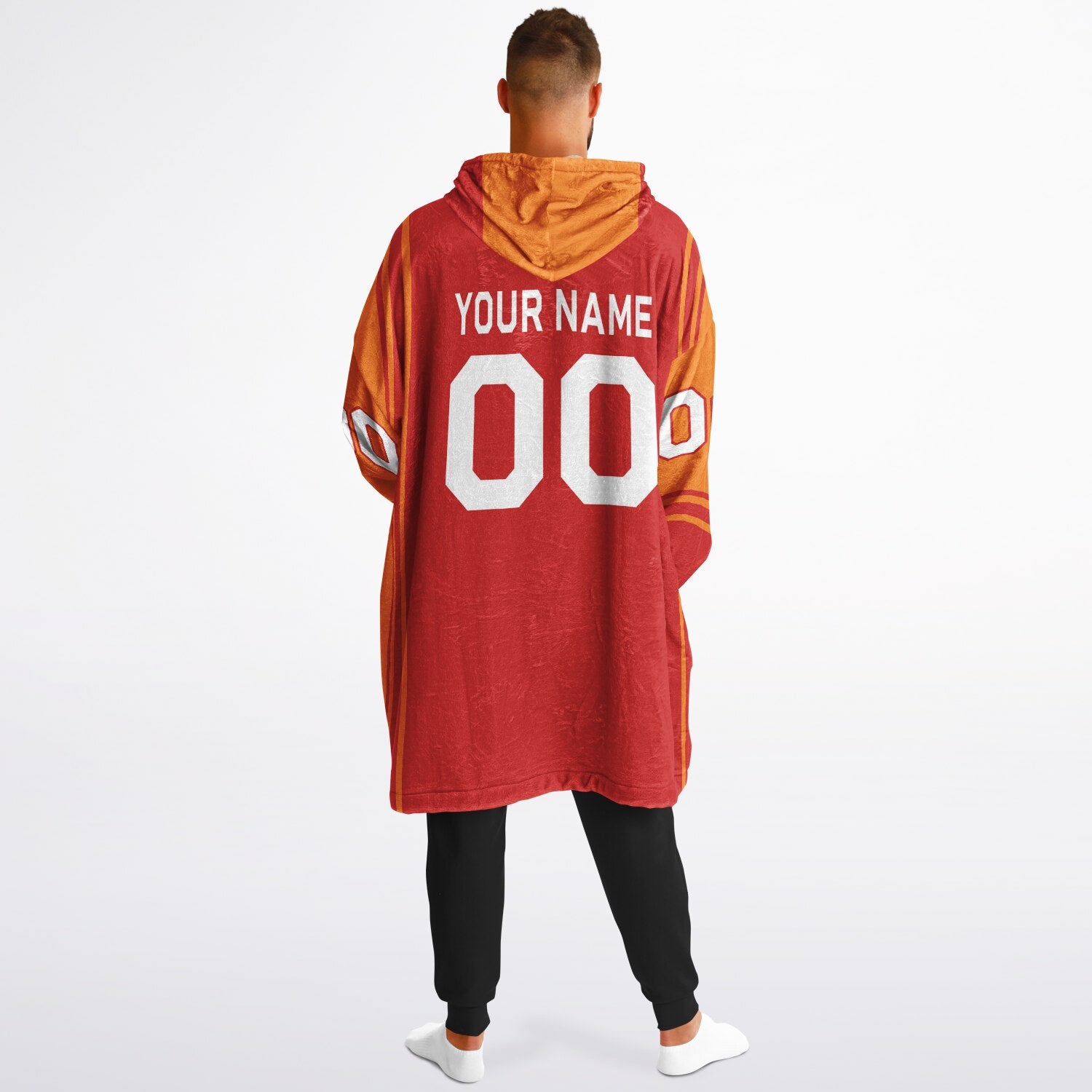 Red and orange bold snug hoodie with modern color-block design and soft loungewear fit.