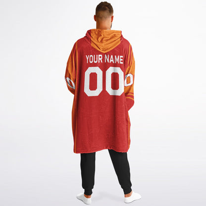 Red and orange bold snug hoodie with modern color-block design and soft loungewear fit.