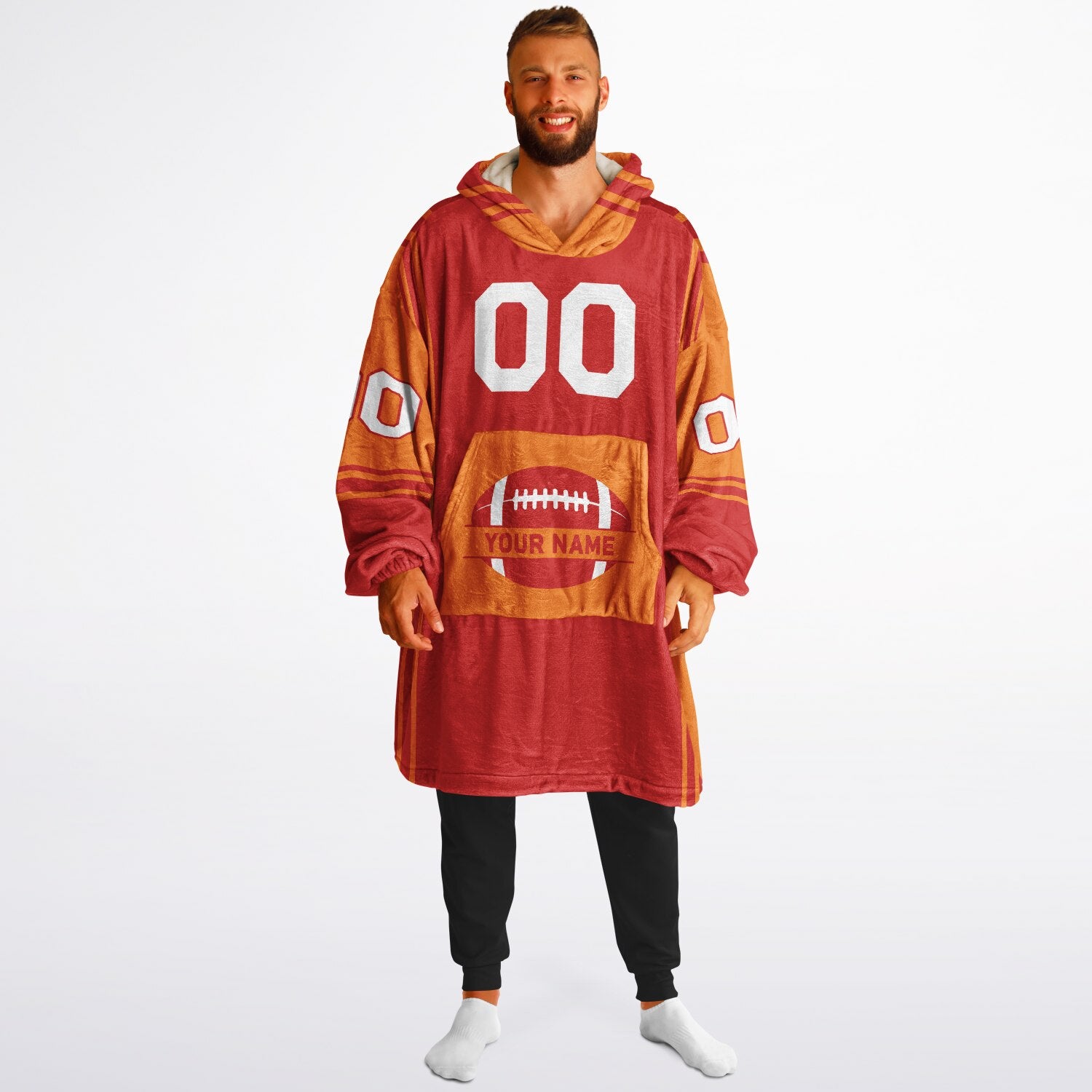 Red and orange bold snug hoodie with modern color-block design and soft loungewear fit.