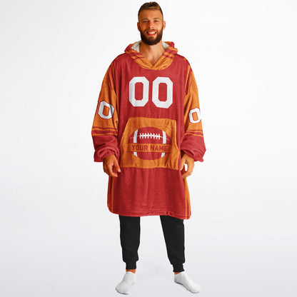 Red and orange bold snug hoodie with modern color-block design and soft loungewear fit.