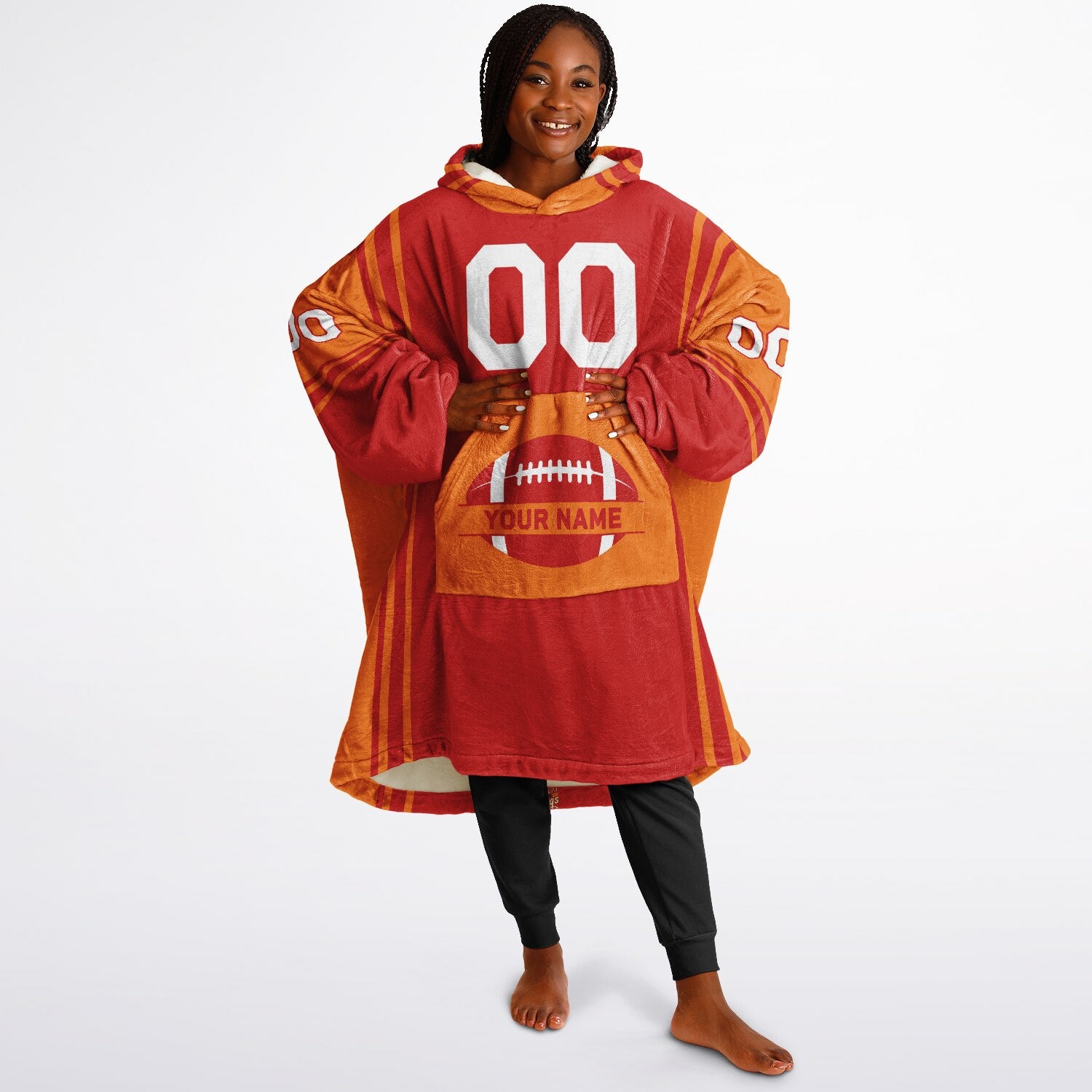 Red and orange bold snug hoodie with modern color-block design and soft loungewear fit.