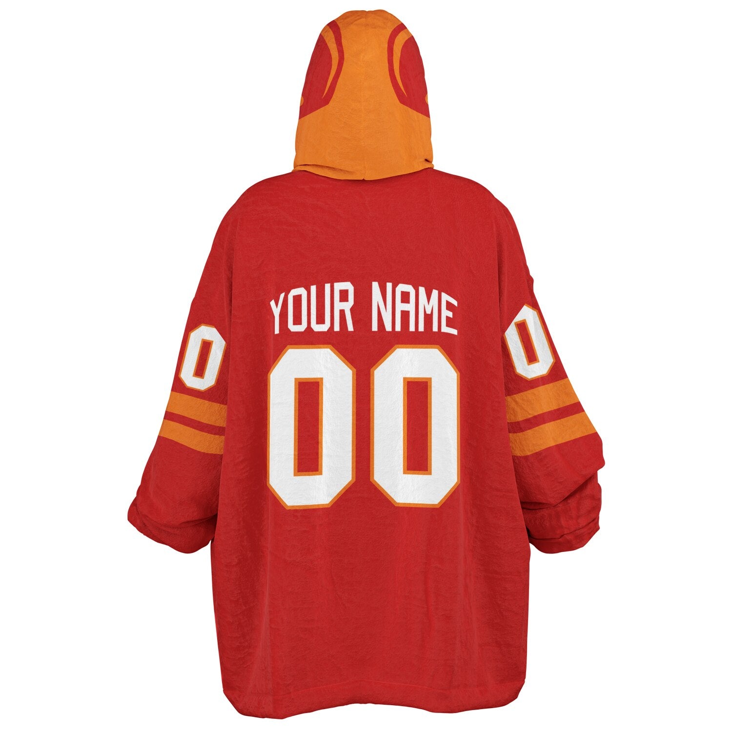 Red and orange classic snug hoodie featuring jersey-style stripes and personalized name and number.