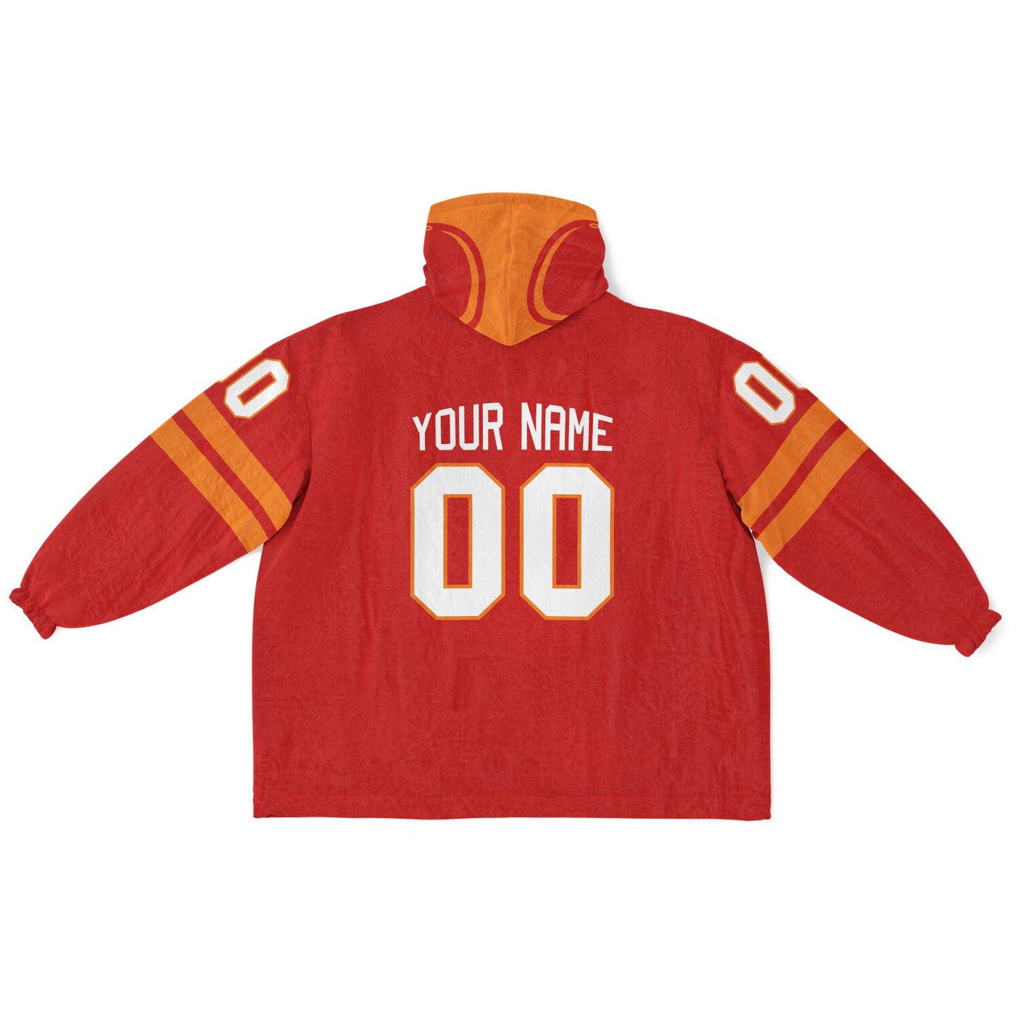 Red and orange classic snug hoodie featuring jersey-style stripes and personalized name and number.