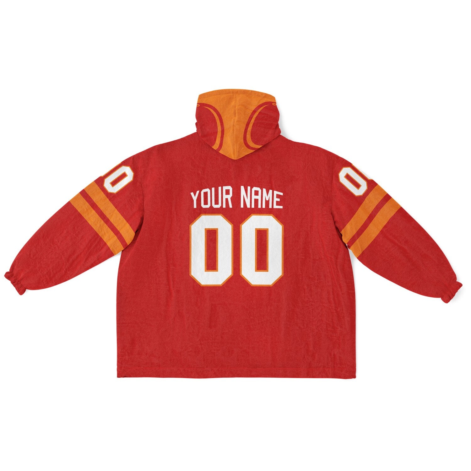 Red and orange classic snug hoodie featuring jersey-style stripes and personalized name and number.