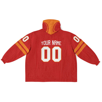 Red and orange classic snug hoodie featuring jersey-style stripes and personalized name and number.