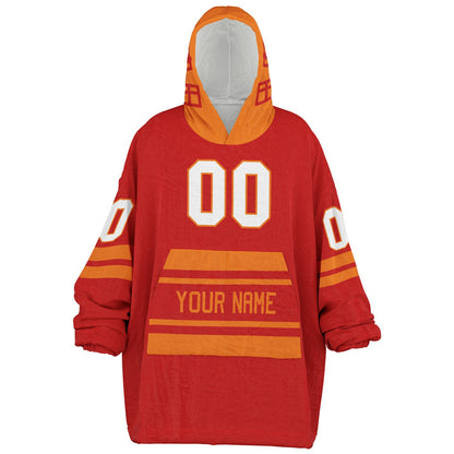 Red and orange classic snug hoodie featuring jersey-style stripes and personalized name and number.
