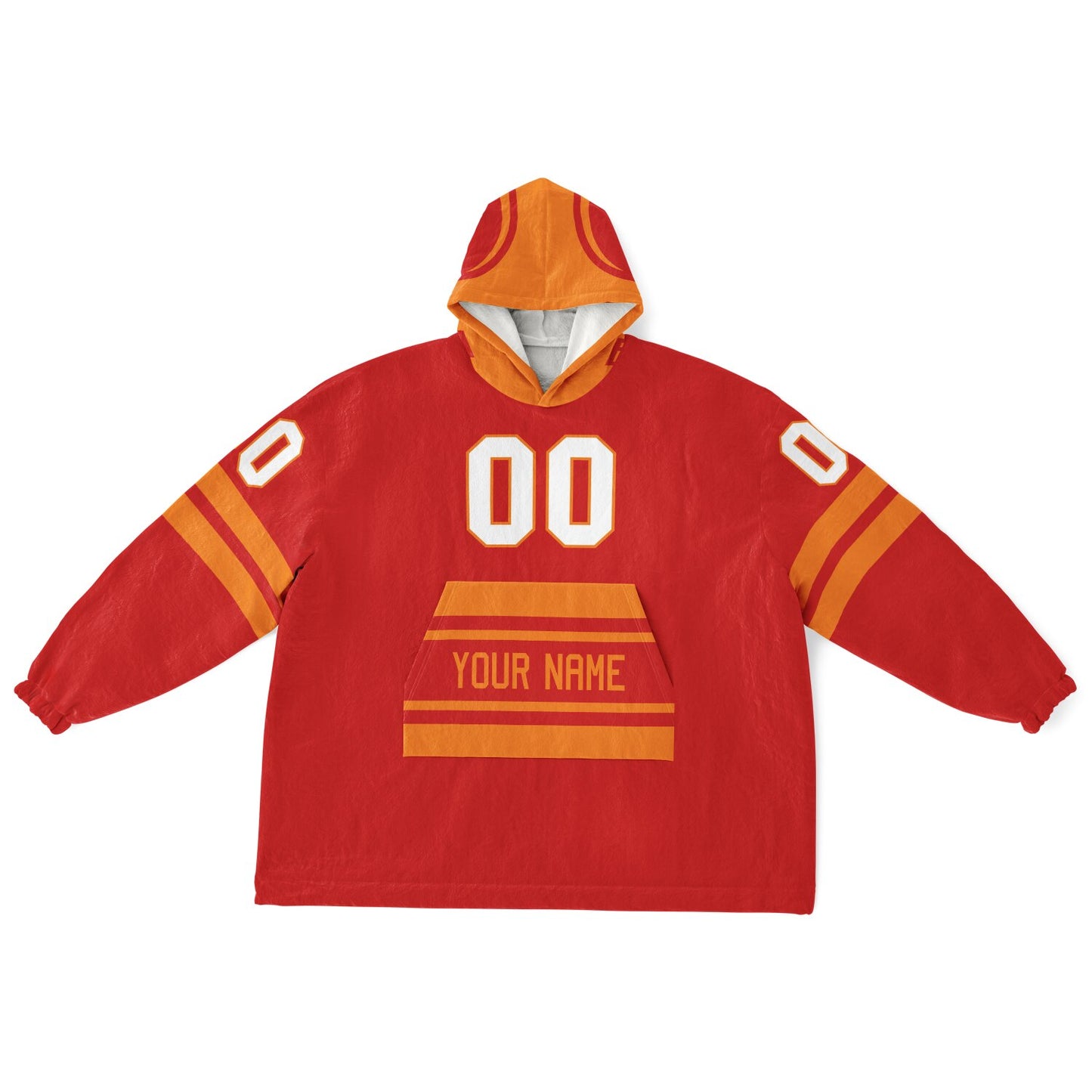 Red and orange classic snug hoodie featuring jersey-style stripes and personalized name and number.