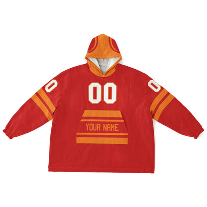 Red and orange classic snug hoodie featuring jersey-style stripes and personalized name and number.