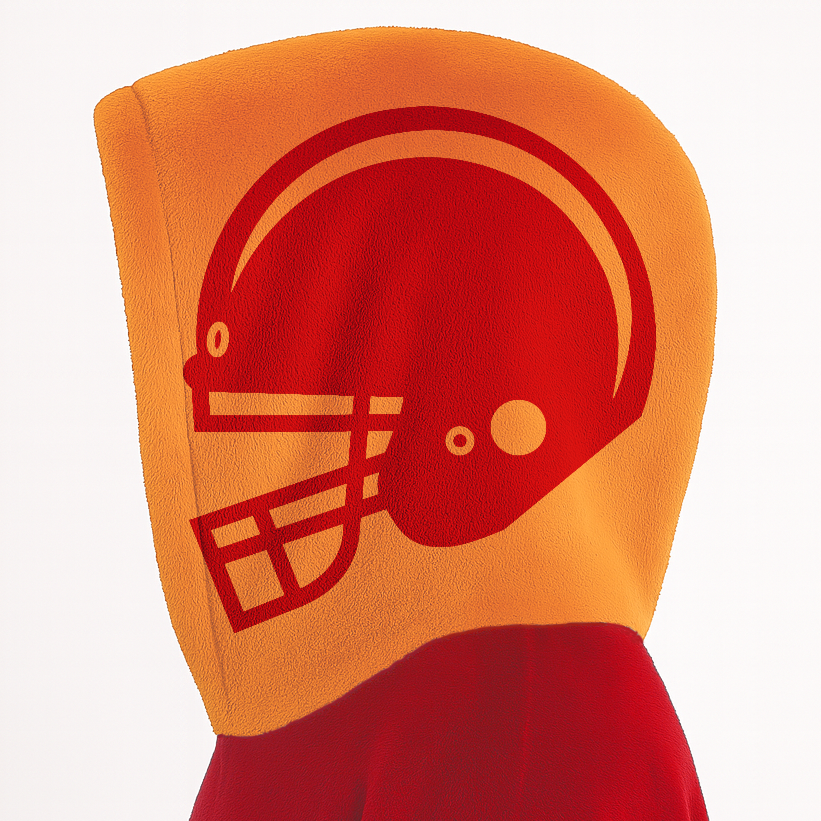 Red and orange classic snug hoodie featuring jersey-style stripes and personalized name and number.