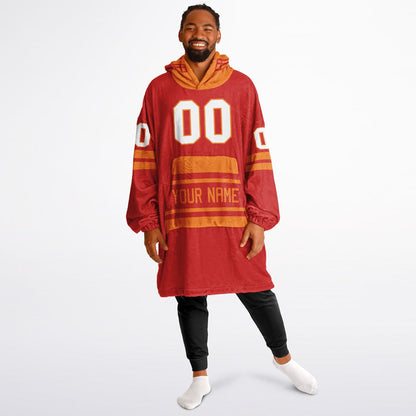 Red and orange classic snug hoodie featuring jersey-style stripes and personalized name and number.