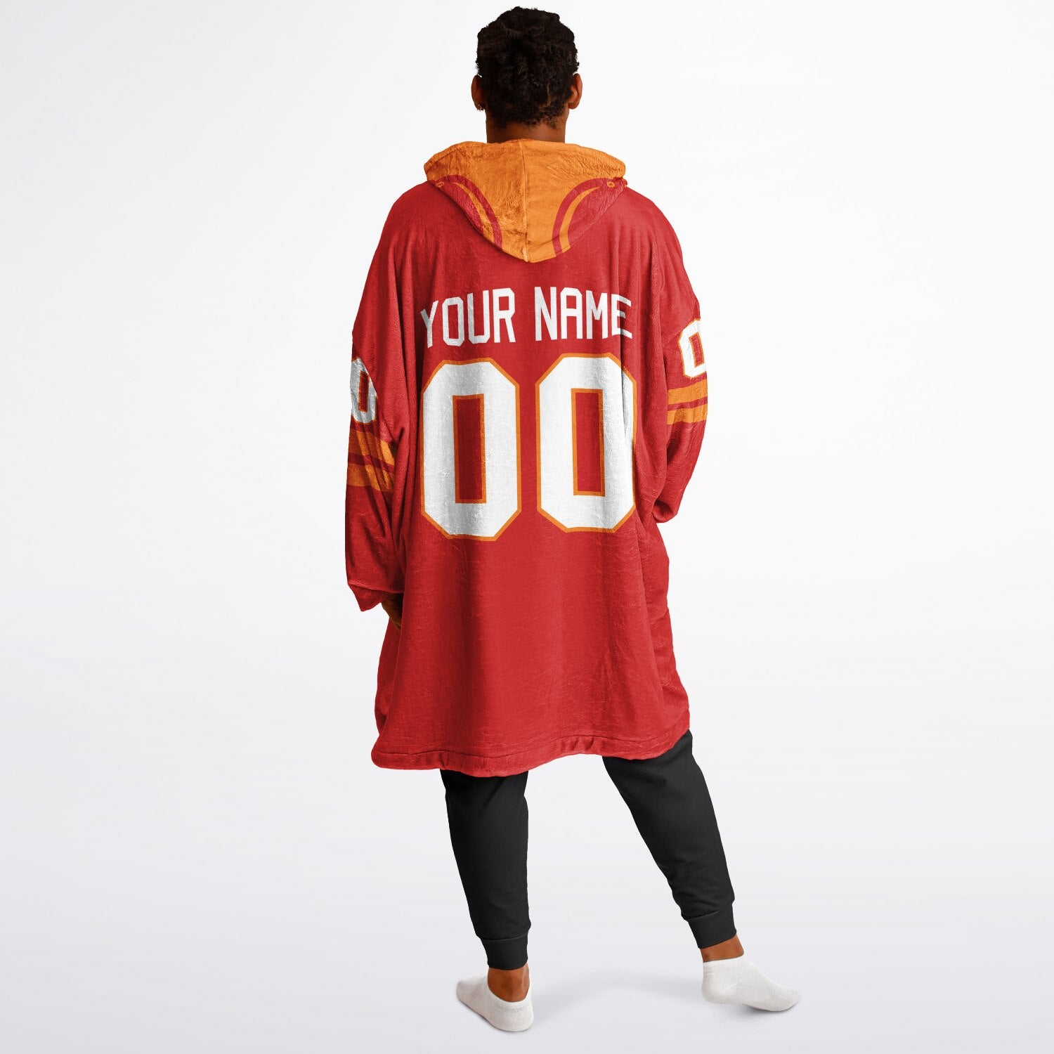 Red and orange classic snug hoodie featuring jersey-style stripes and personalized name and number.