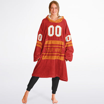 Red and orange classic snug hoodie featuring jersey-style stripes and personalized name and number.