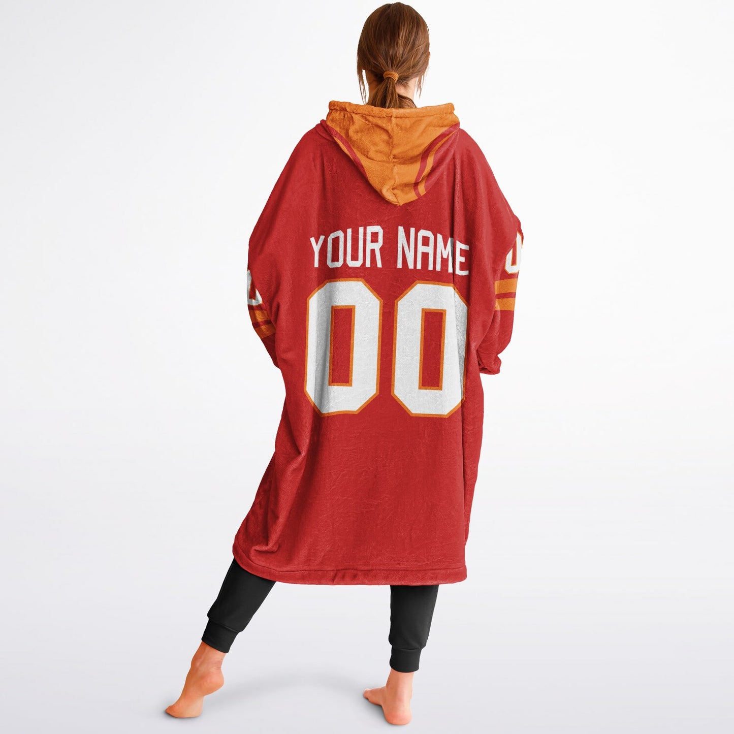 Red and orange classic snug hoodie featuring jersey-style stripes and personalized name and number.