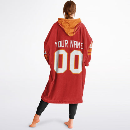 Red and orange classic snug hoodie featuring jersey-style stripes and personalized name and number.
