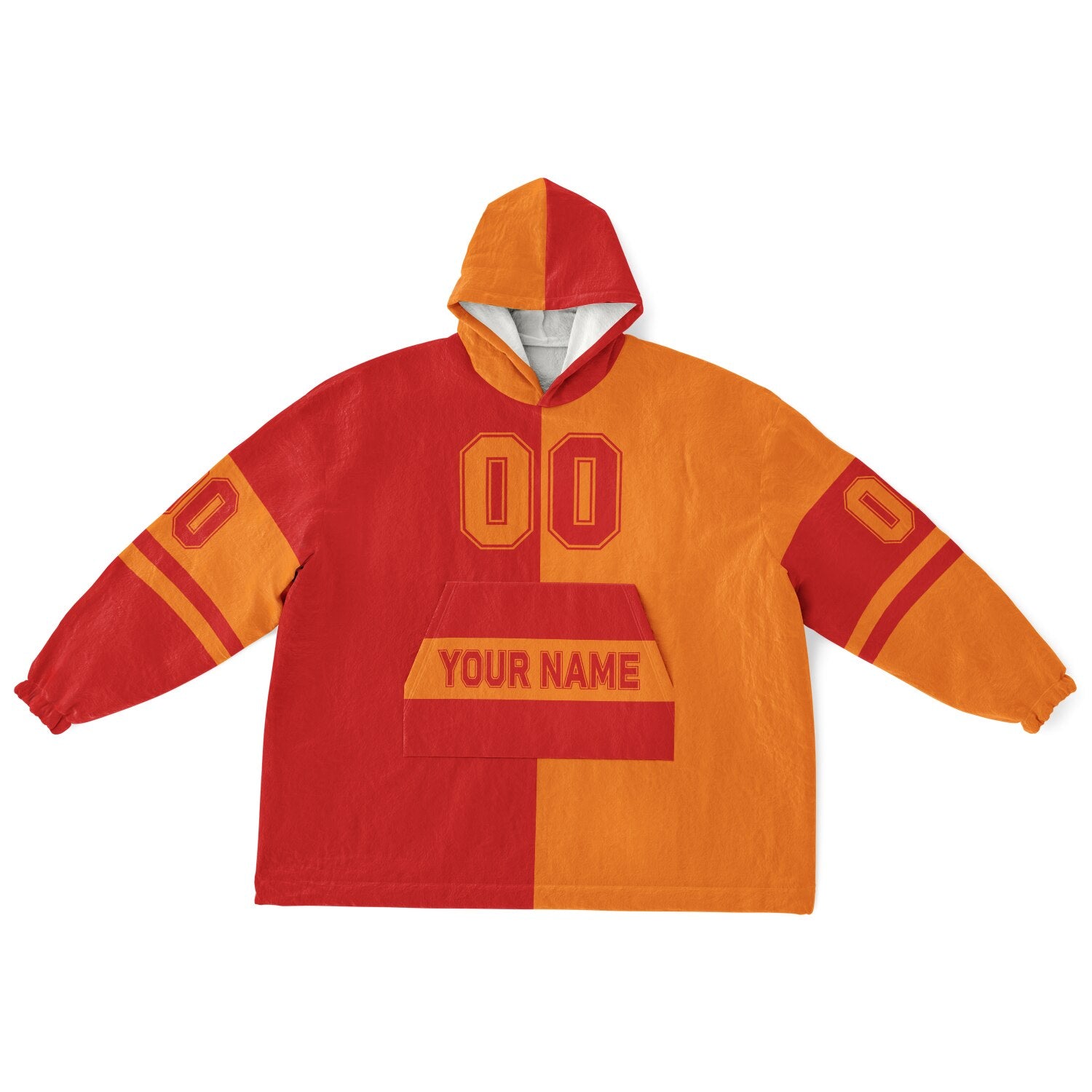 Red and orange halftime snug hoodie featuring a symmetrical split design for a dynamic game-day look.