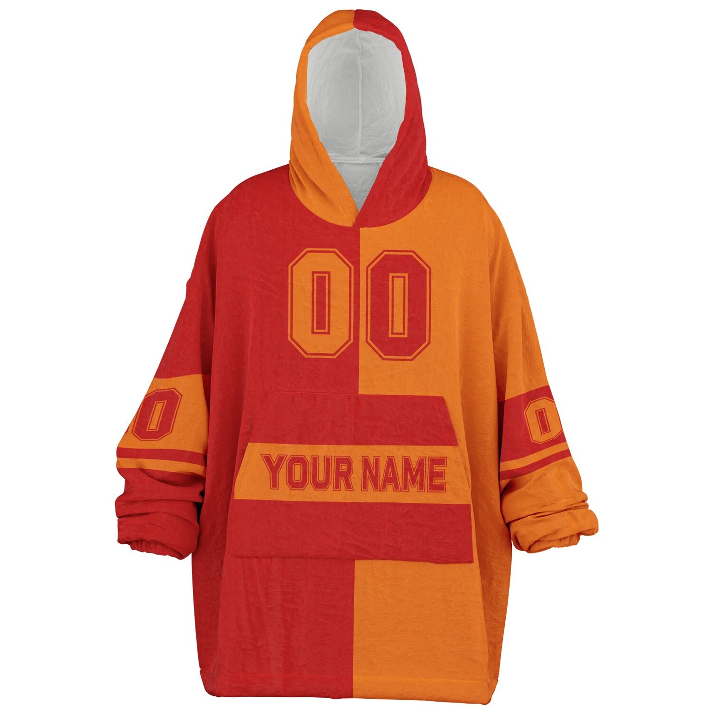 Red and orange halftime snug hoodie featuring a symmetrical split design for a dynamic game-day look.