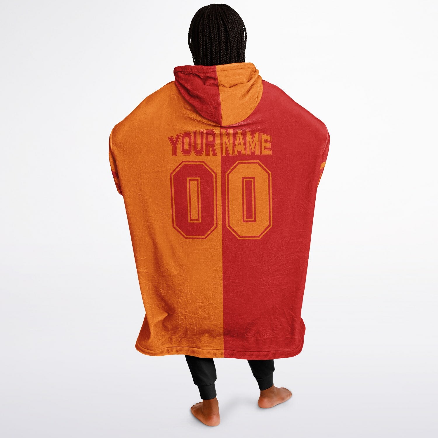 Red and orange halftime snug hoodie featuring a symmetrical split design for a dynamic game-day look.