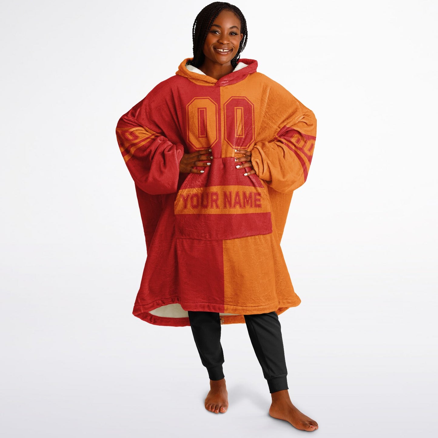 Red and orange halftime snug hoodie featuring a symmetrical split design for a dynamic game-day look.