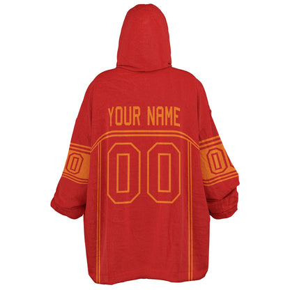 Red and orange lineup snug hoodie featuring sleek line-art details and minimalist team-inspired design.