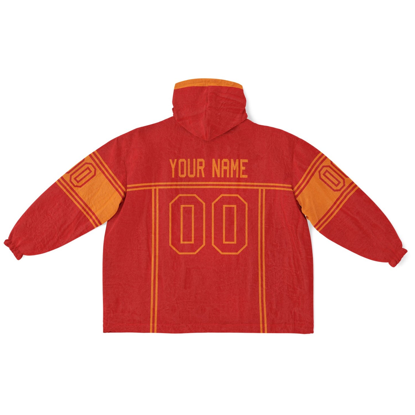 Red and orange lineup snug hoodie featuring sleek line-art details and minimalist team-inspired design.