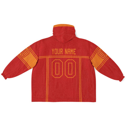 Red and orange lineup snug hoodie featuring sleek line-art details and minimalist team-inspired design.