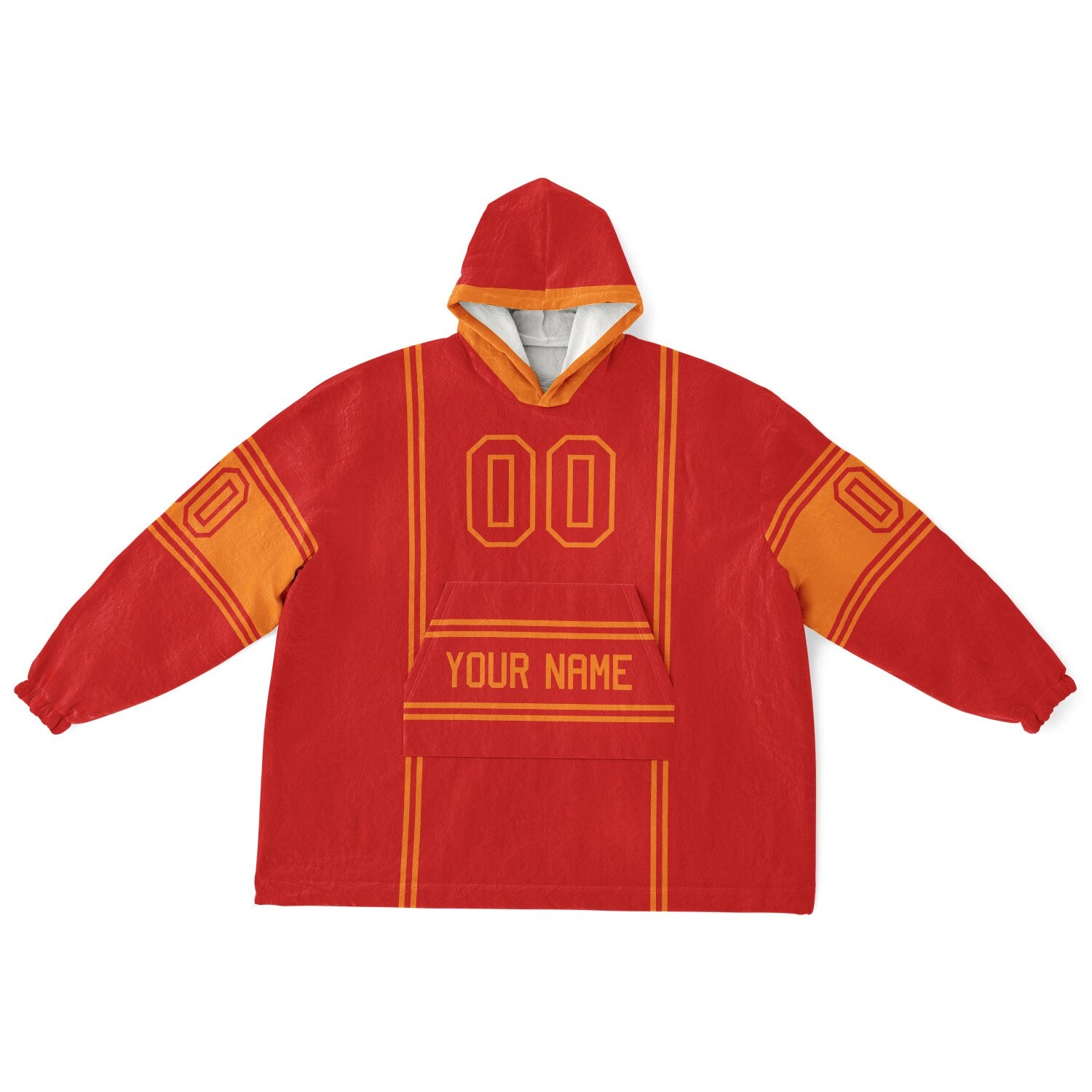 Red and orange lineup snug hoodie featuring sleek line-art details and minimalist team-inspired design.