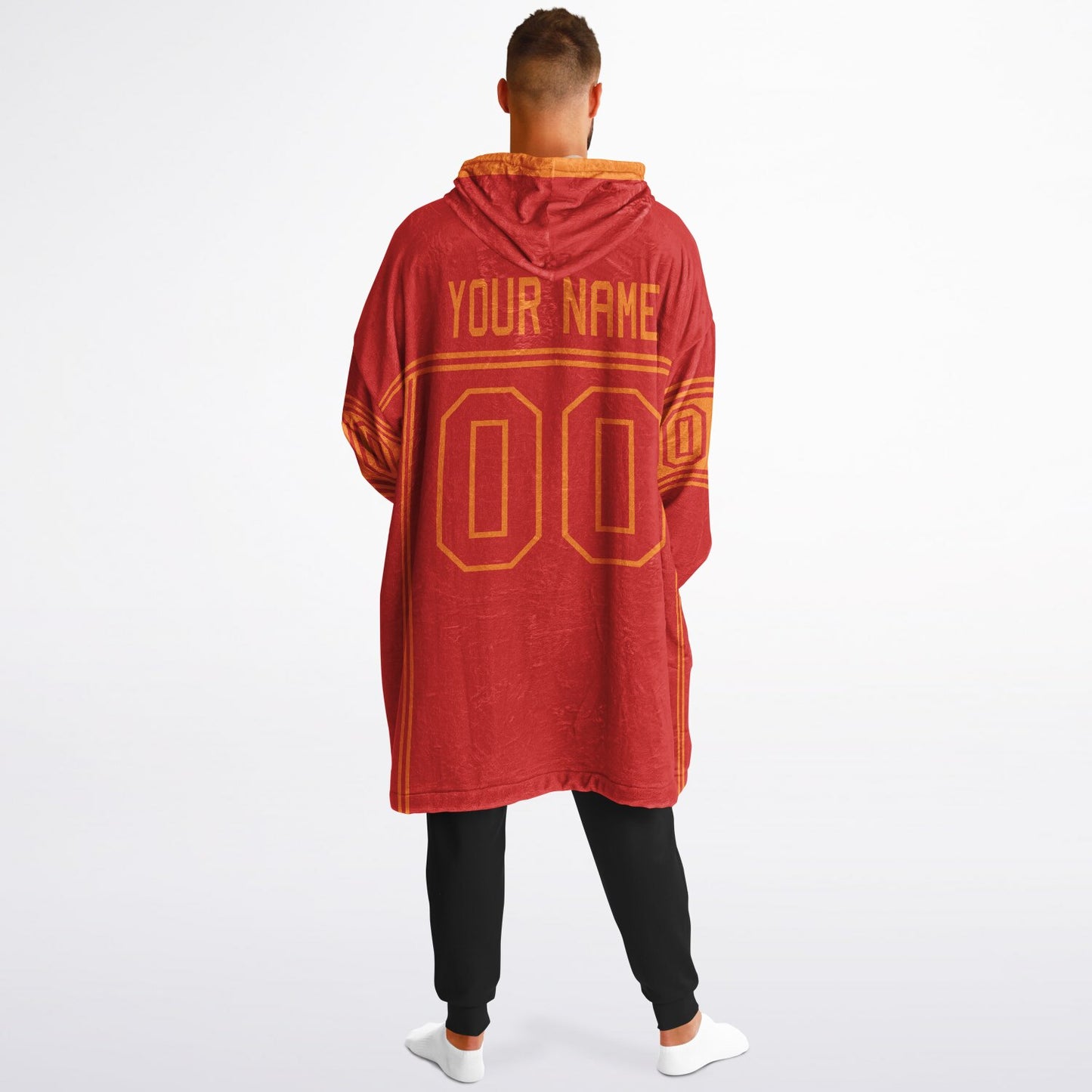 Red and orange lineup snug hoodie featuring sleek line-art details and minimalist team-inspired design.