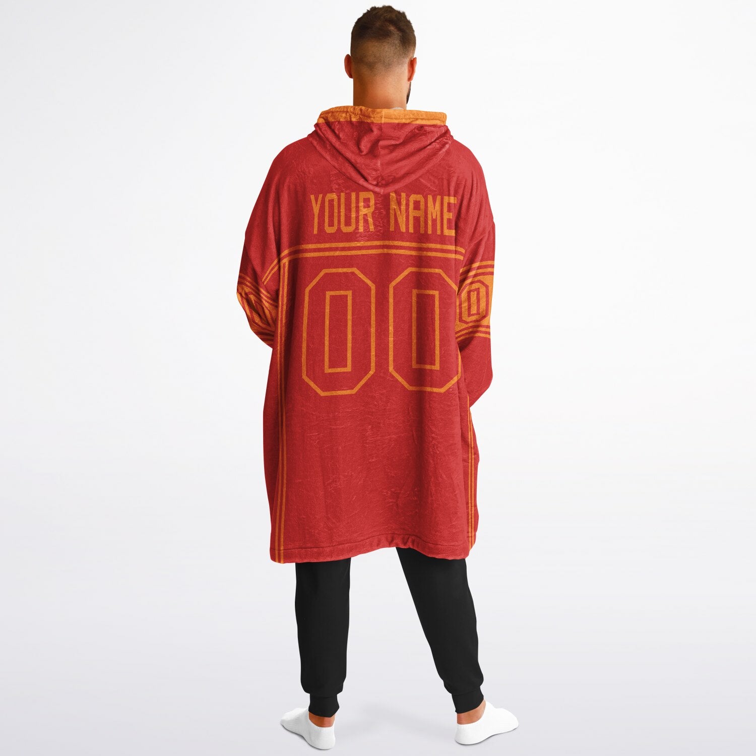 Red and orange lineup snug hoodie featuring sleek line-art details and minimalist team-inspired design.