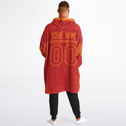 Red and orange lineup snug hoodie featuring sleek line-art details and minimalist team-inspired design.
