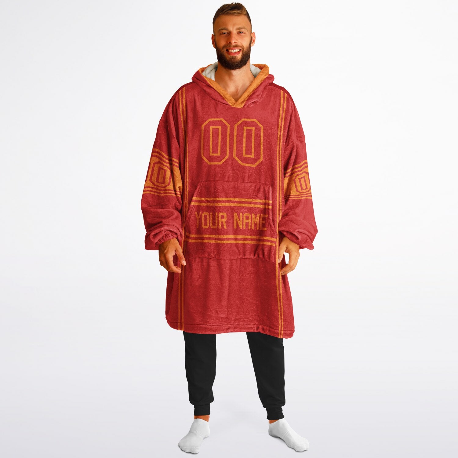 Red and orange lineup snug hoodie featuring sleek line-art details and minimalist team-inspired design.