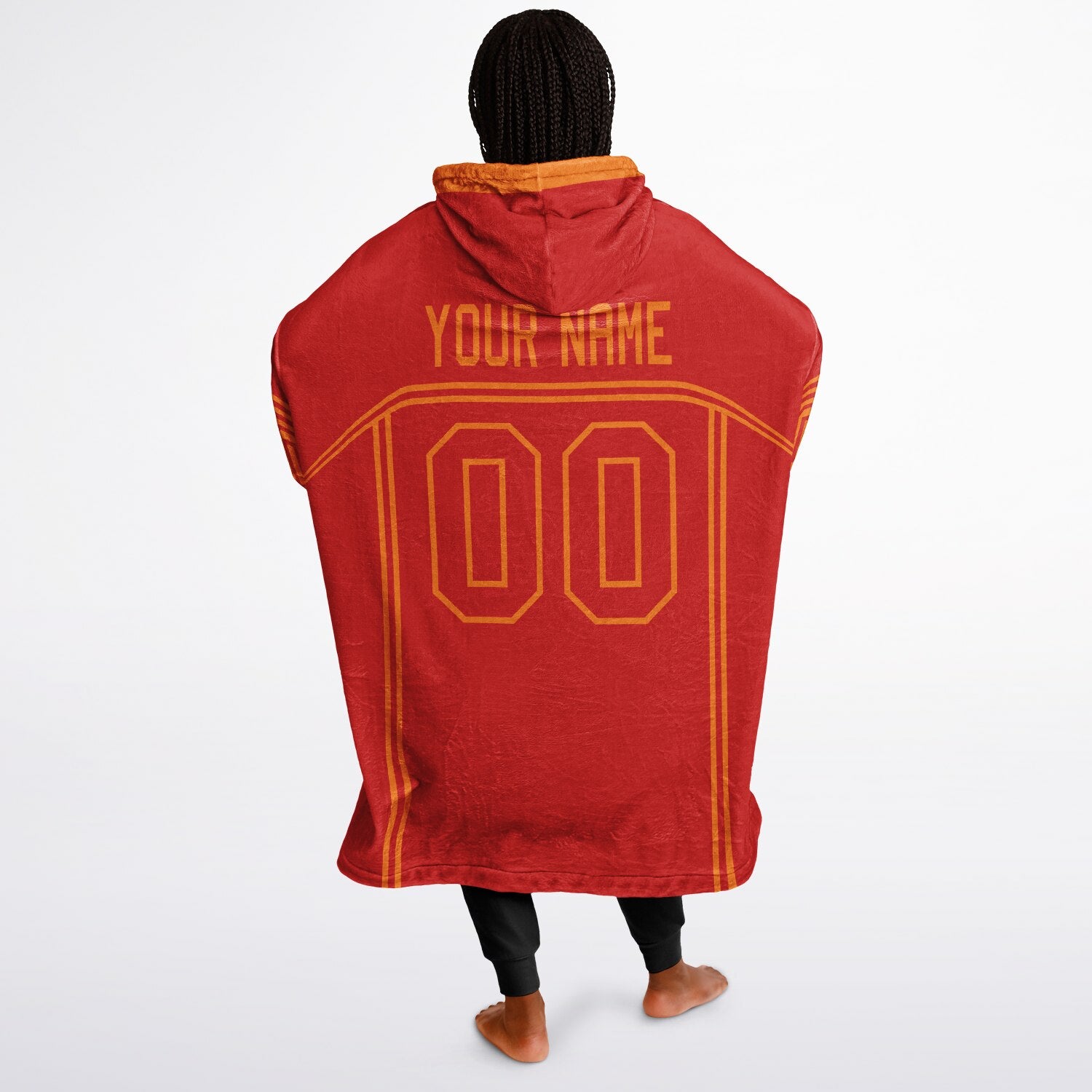 Red and orange lineup snug hoodie featuring sleek line-art details and minimalist team-inspired design.